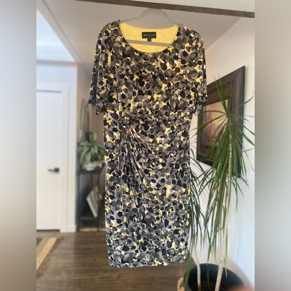 Connected‎ Women Apparel Gray Yellow Sheath Dress Short Sleeve Scoop Neck 14 pre